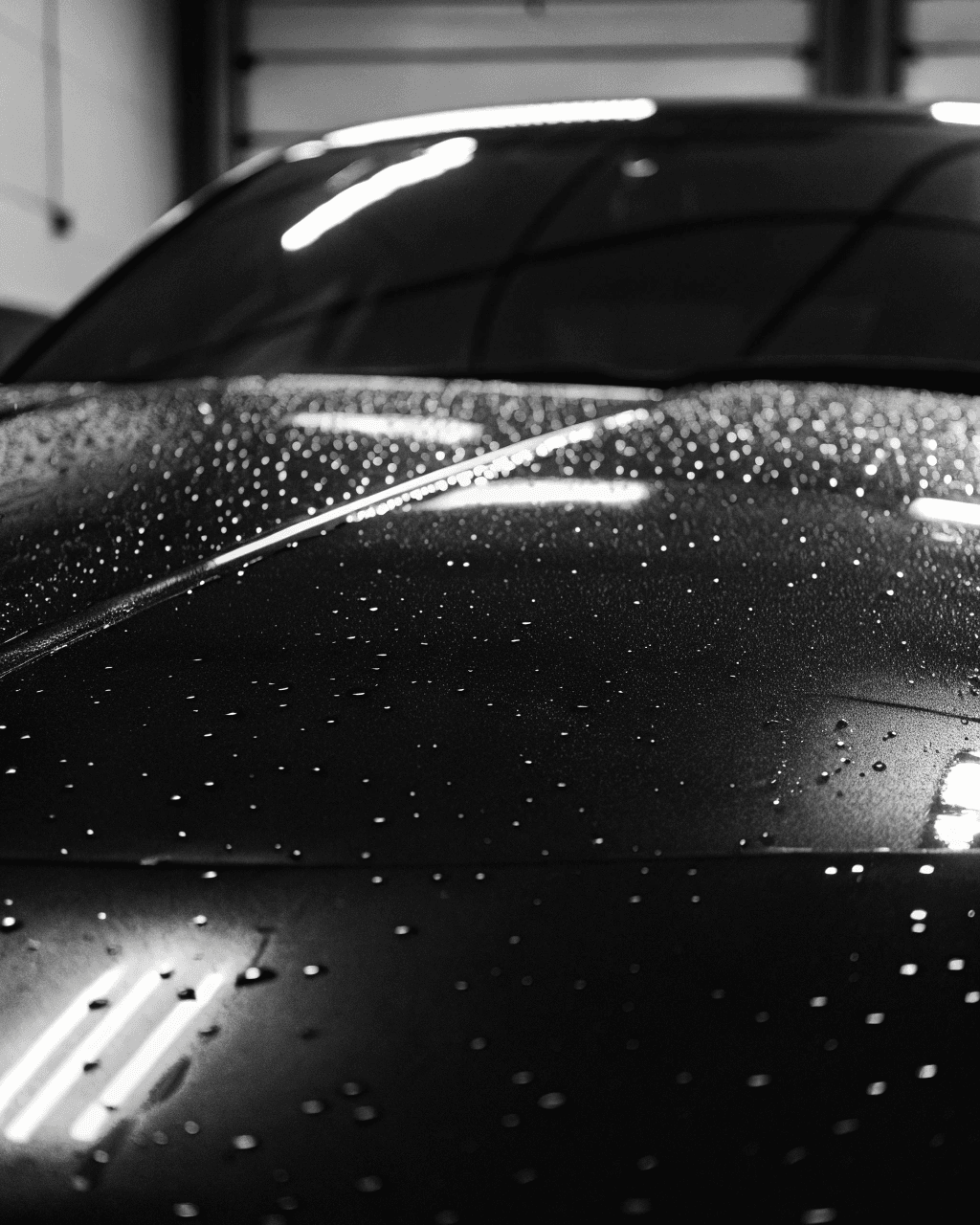 Beaded water on glossy black car paintwork — aftercare and ceramic coating service